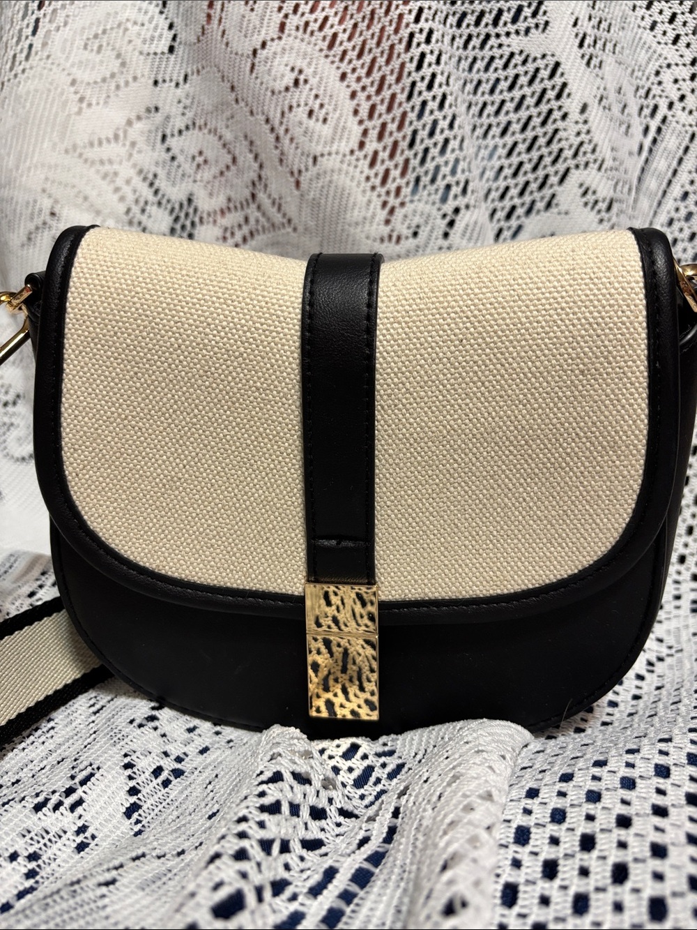 a new day Cream and Black Canvas Crossbody with Gold Accent